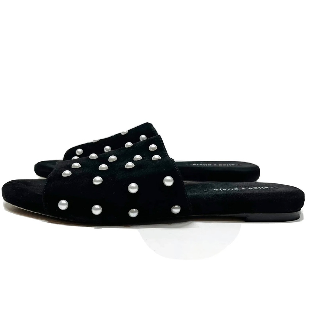Alice + Olivia Black Suede Open Toe Pearl Sandal Slides Size 9.5/39.5